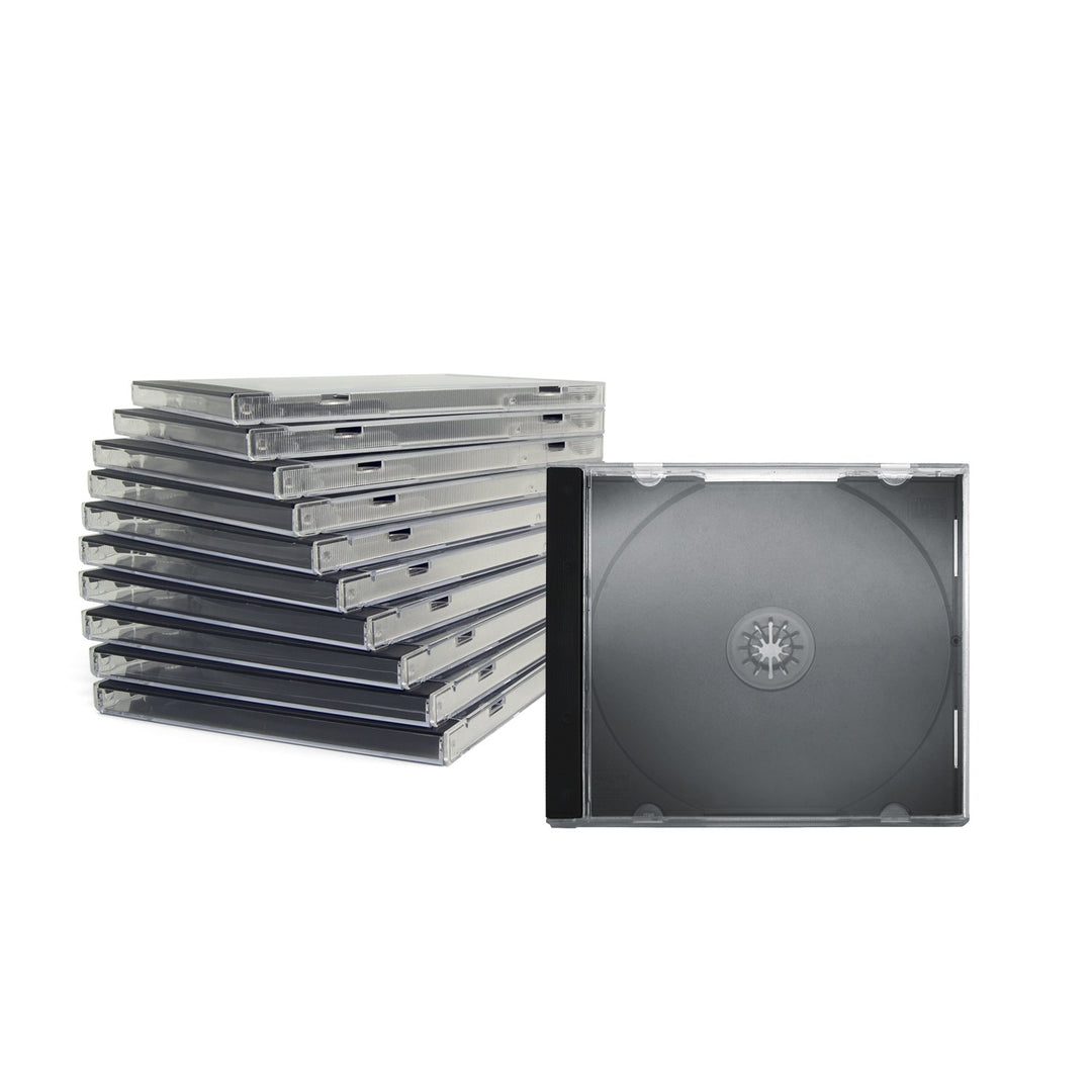 ENERGMiX CD Jewelcase/CD Hüllen/CD Leer Hüllen für 1 CD/DVD, transparent, Tray schwarz (10mm) 100 St