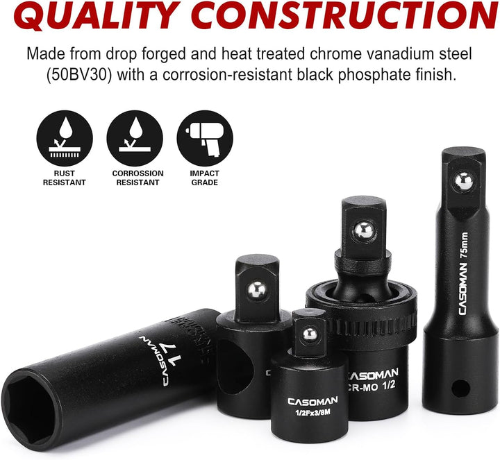 CASOMAN 1/2 Zoll Drive Master Impact Steckschlüssel-Set, 36-teilig tief, Standard SAE (3/8 Zoll bis