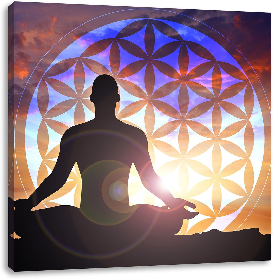 Pixxprint Meditierender Mensch Blume des Lebens, Format: 70x70 auf Leinwand, 70x70