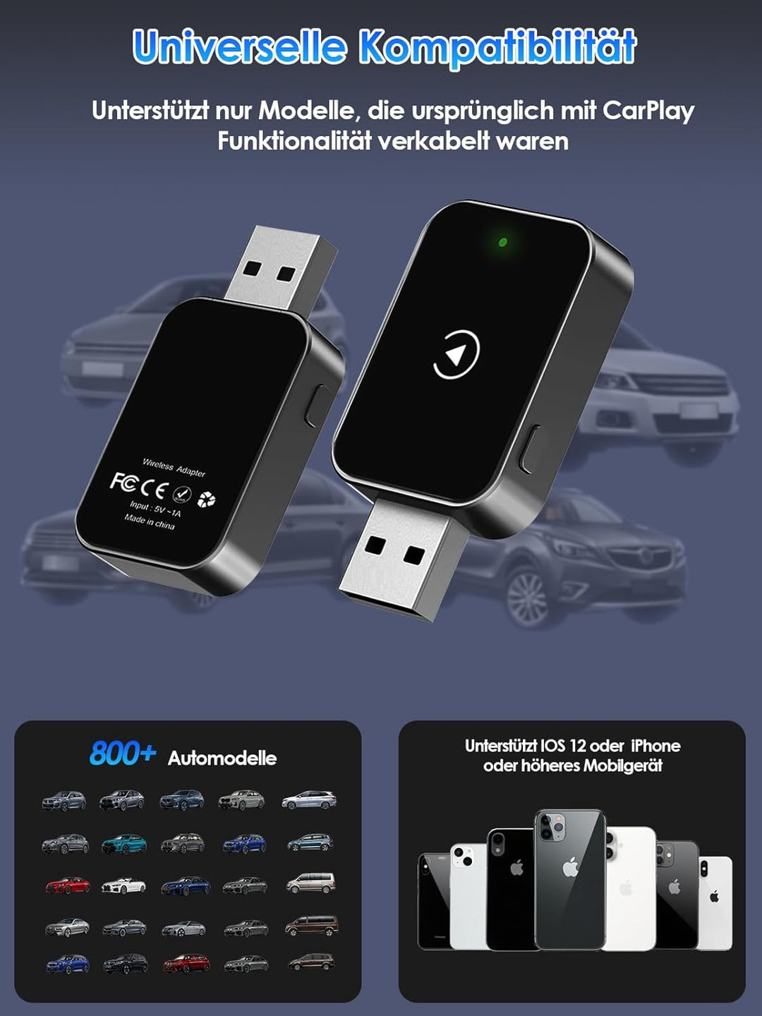 Wireless CarPlay Adapter – PARPAT Kabellose Umwandlung via USB/Type-C, Kompatibel mit iPhone, Stabil