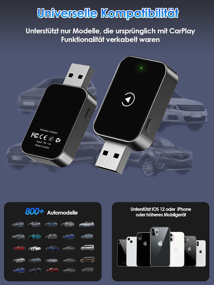 Wireless CarPlay Adapter – PARPAT Kabellose Umwandlung via USB/Type-C, Kompatibel mit iPhone, Stabil