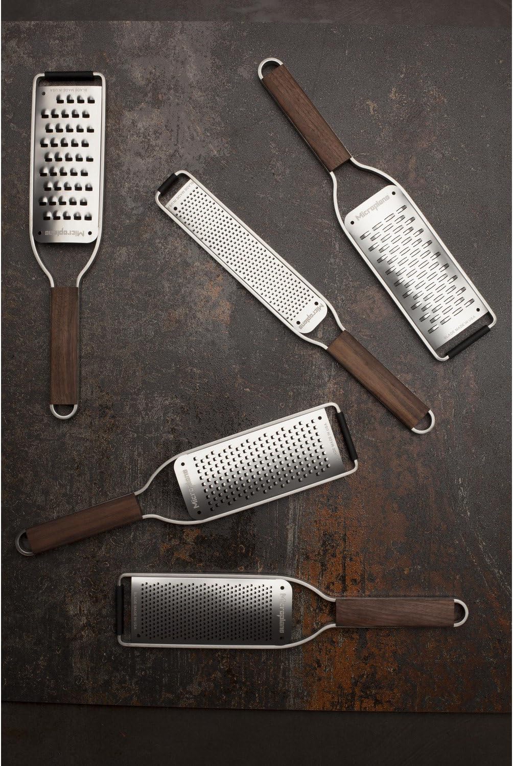 Microplane Master Serie Reiben-Set, Walnussholzgriff, 5 Klingenformen, silber/braun, 5-teilig (1 Set
