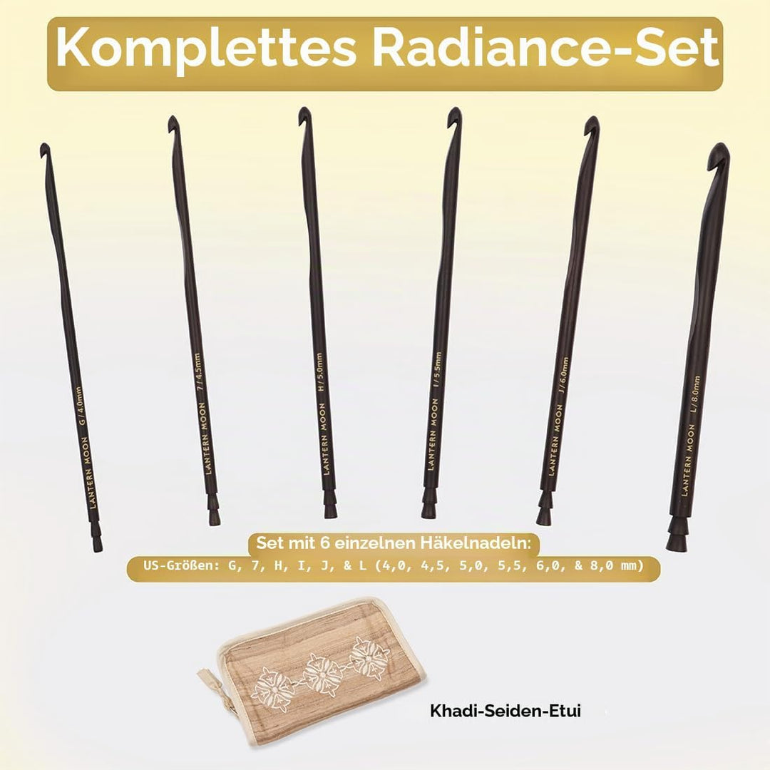 Lantern Moon Häkelnadeln - 6 x 15cm Haken Set - 2 x Kordeln 35 und 56cm - Khadi Seide Etui mit Reiss