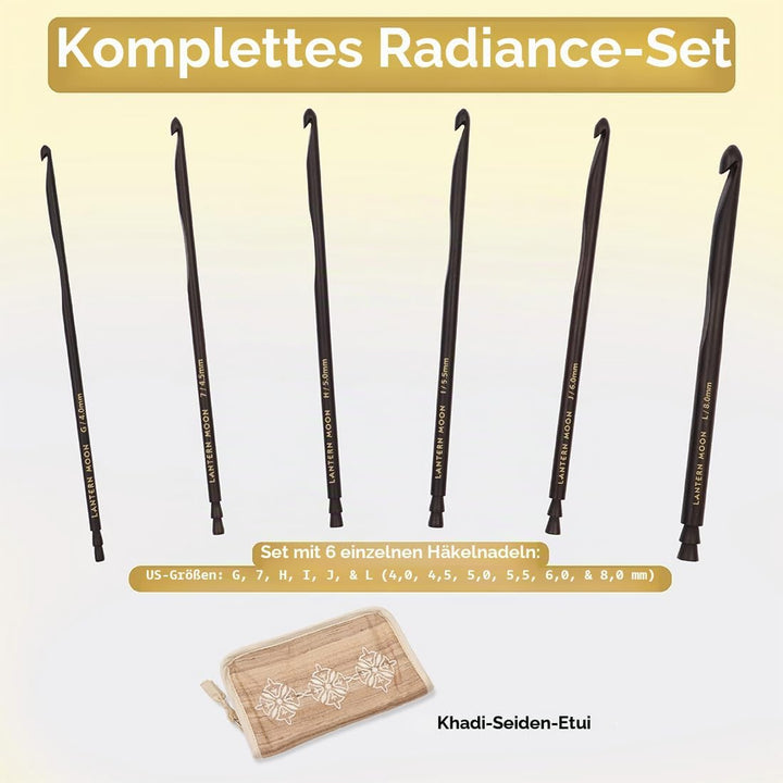 Lantern Moon Häkelnadeln - 6 x 15cm Haken Set - 2 x Kordeln 35 und 56cm - Khadi Seide Etui mit Reiss
