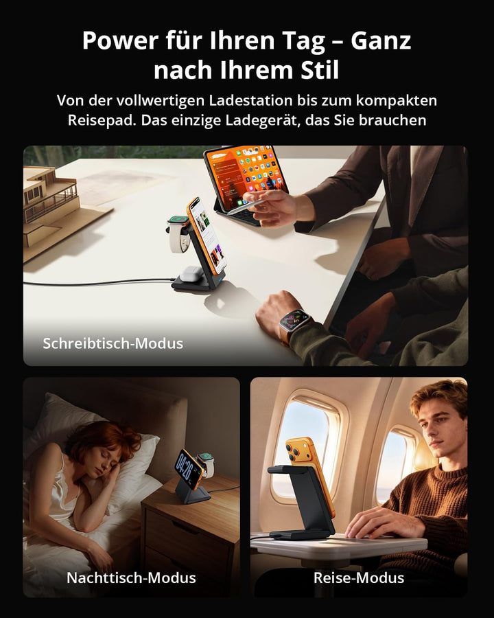 GEEKERA 3-in-1 Faltbar Ladegerät für Mag-Safe, Induktive Ladestation für Apple Watch und iPhone, Ind