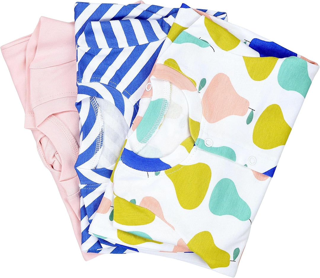 TupTam Baby Mädchen Schlafstrampler mit Fuss 3er Pack 50 Blau Aprikose Streifen Früchte, 50 Blau Apr