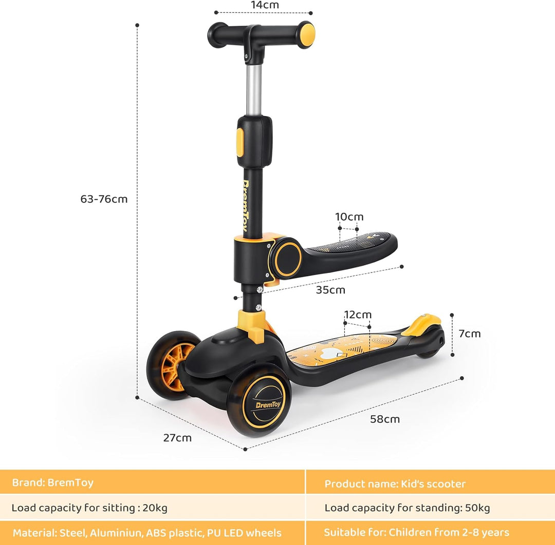 BremToy Kinderroller mit Sitz, Tretroller mit LED Rädern, Kinder Scooter mit Höhenverstellbarem Lenk