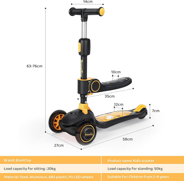 BremToy Kinderroller mit Sitz, Tretroller mit LED Rädern, Kinder Scooter mit Höhenverstellbarem Lenk