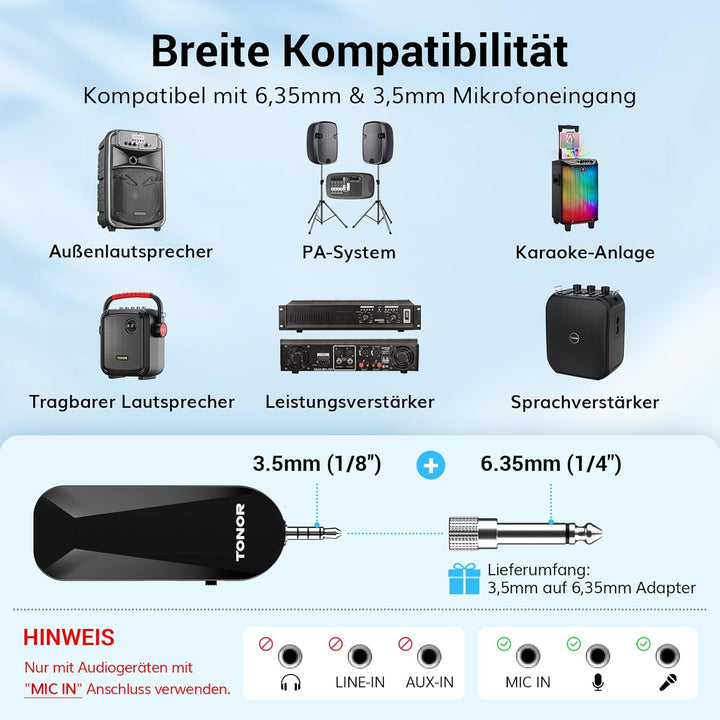TONOR Wireless Mikrofon Headset, UHF Wiederaufladbares Drahtloses Mikrofon, 20 Kanäle mit 20m Kabell