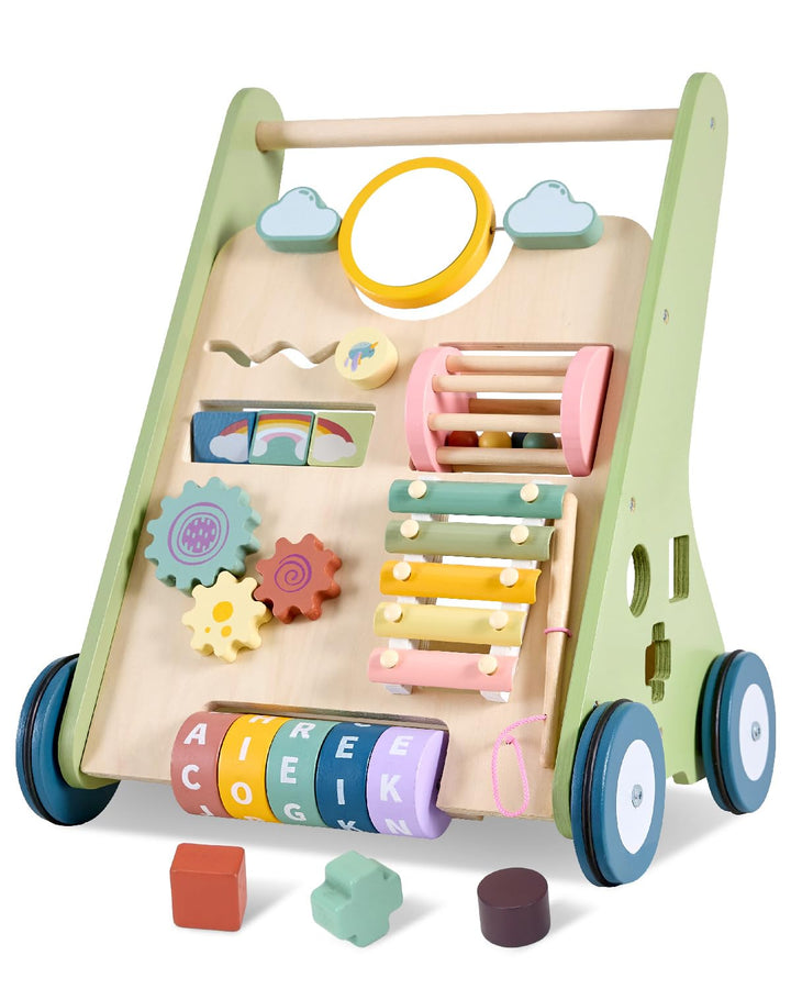 11 in 1 Lauflernwagen Holz Baby Lauflernhilfe mit Rädern, Montessori Aktivitätszentrum Set Baby Walk