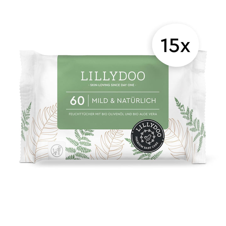 LILLYDOO green Feuchttücher, 900 Stück (15 x 60), 100% plastikfreies, reissfestes Tuch - ohne Parfüm