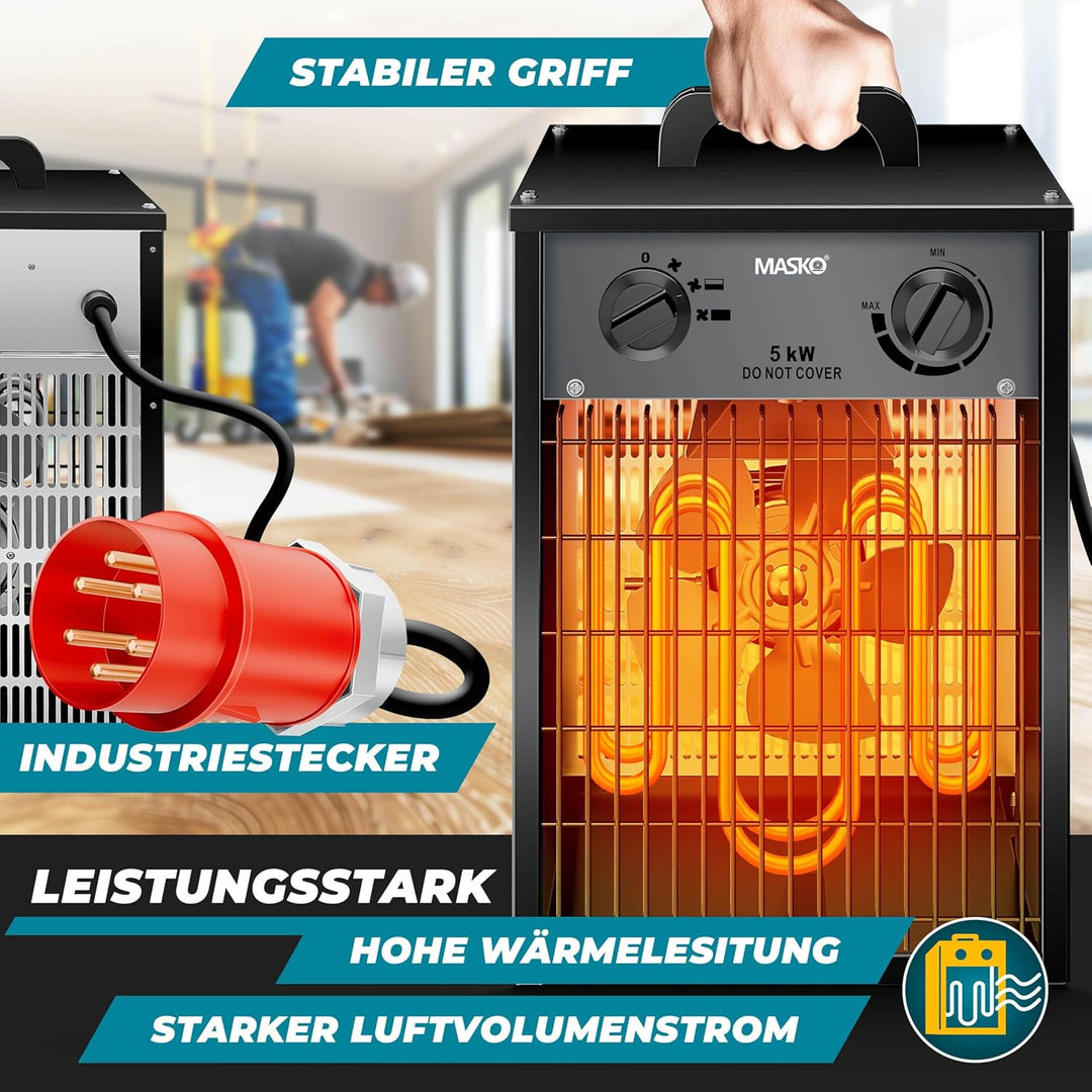 MASKO® Elektroheizer Heizlüfter Bauheizer 5 KW mit integriertem Thermostat elektrisch Heizgerät 5000
