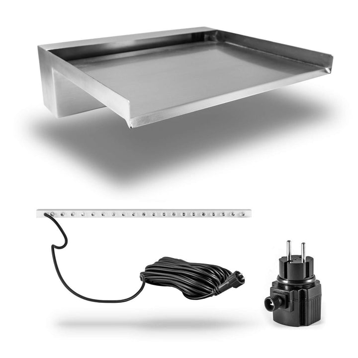 CLGarden Edelstahl Wasserfall 30cm Element mit LED Beleuchtung warmweiss für Garten Bachlauf Naturst