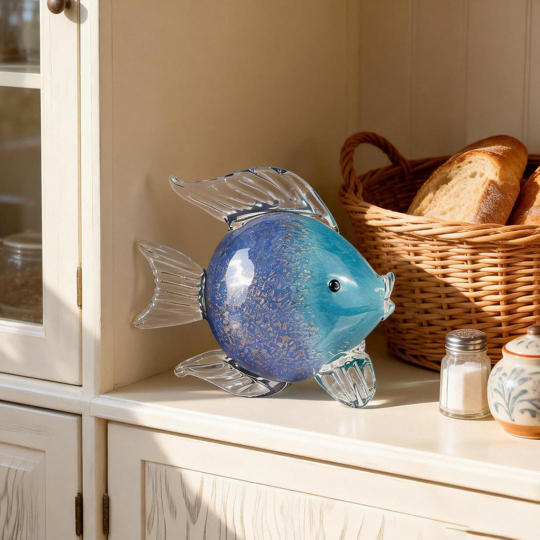 oliruim Blaue Glas-Fischkunst-Dekoration, mundgeblasene Glasfisch-Figur, Kunst-Briefbeschwerer-Kolle