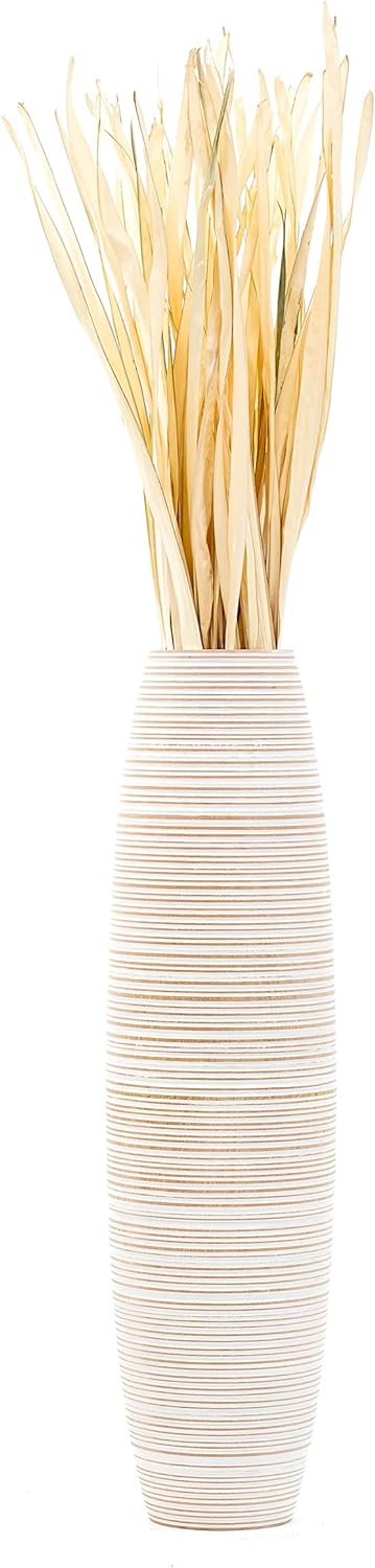 Leewadee Grosse Bodenvase für Dekozweige hohe Standvase Design Holzvase, Holz, 70 cm, White Wash 70