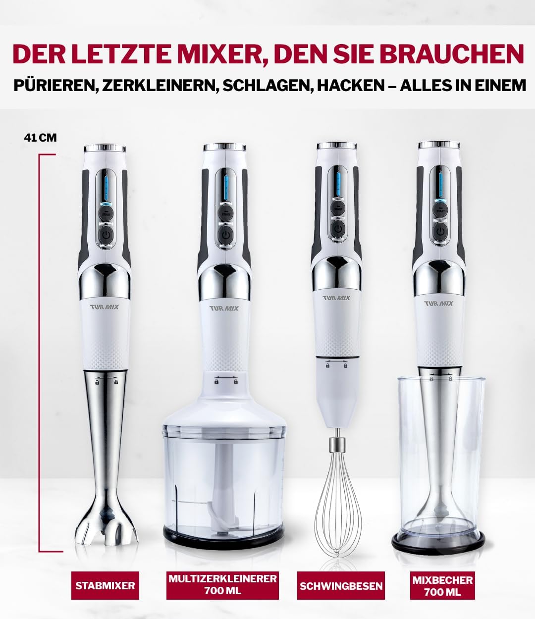Turmix Stabmixer Kabellos Edelstahl CX 422 - Kabelloses Stabmixer Set mit Mixbecher, Multizerkleiner