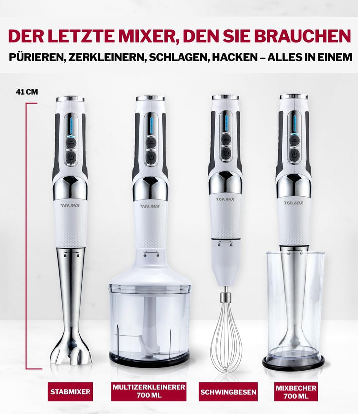 Turmix Stabmixer Kabellos Edelstahl CX 422 - Kabelloses Stabmixer Set mit Mixbecher, Multizerkleiner