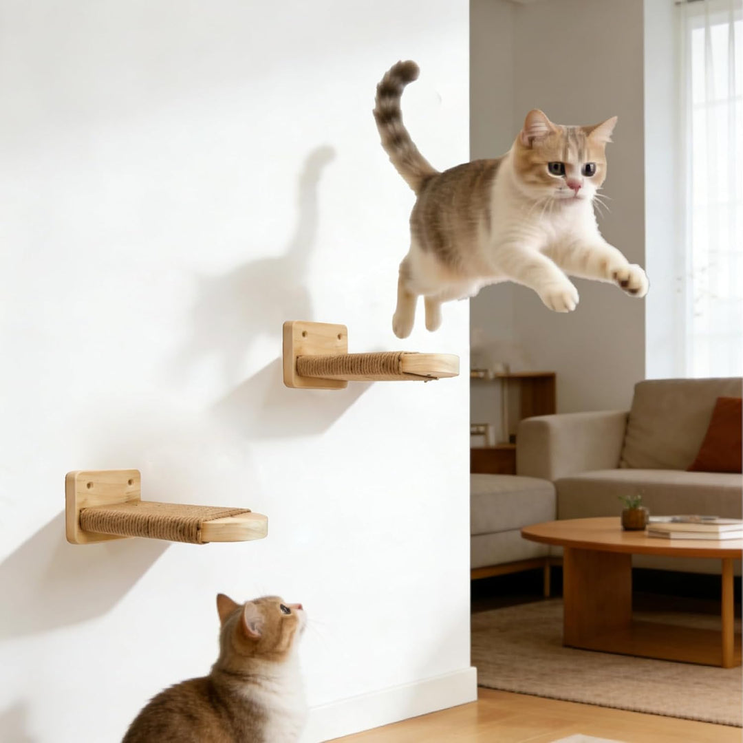 Katzentreppe Wand 2pcs,Kletterwand Katzen, Katzenleiter Katzenbretter mit Juteseil zum Kratzen, Katz