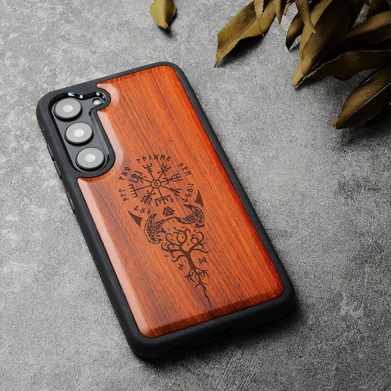 Carveit Handyhülle für Galaxy S23 Case [Holz und TPU Silikon Hybrid hülle] Stossfeste Stossstange ha