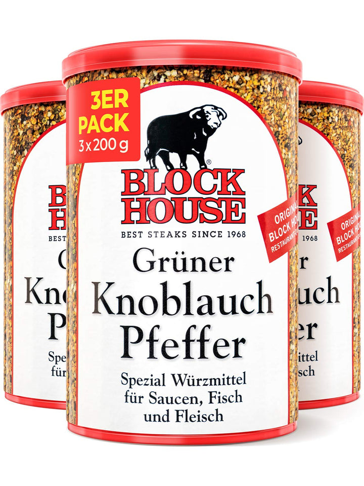 Block House Knoblauchpfeffer mit weissem Pfeffer 3x 200g - Gewürzmischung in Restaurantqualität