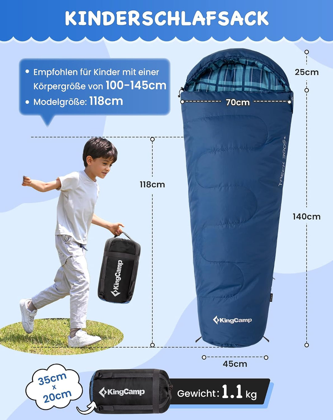 KingCamp Schlafsack Kinder aus Baumwoll-Flannel für 100-145cm | Mumienschlafsack für Kinder 10-12 Ja