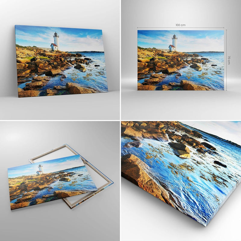 Bilder auf Leinwand 100x70cm Leinwandbild Leuchtturm Ufer Wolke Landschaft Gross Wanddeko Bild Schla