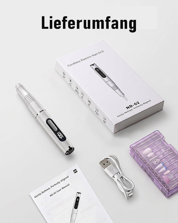 ND02 Wireless Electric Nail Cutter, 6 Speed Electric Nail File with 12 Drill Bits, Manicure Pedicure