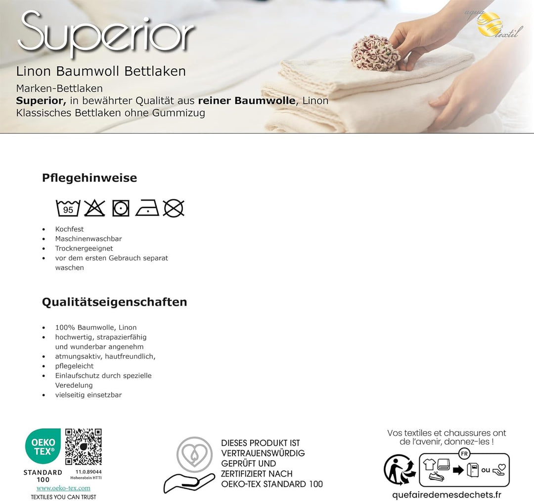 aqua-textil Superior Bettlaken ohne Spanngummi Doppelpack 150 x 250 cm weiss Baumwolle leichte Somme