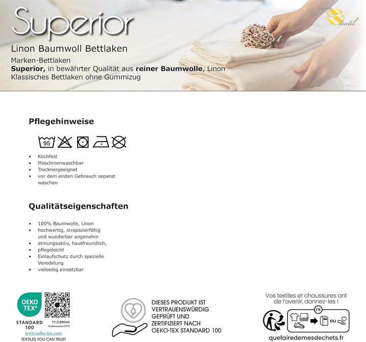 aqua-textil Superior Bettlaken ohne Spanngummi Doppelpack 150 x 250 cm weiss Baumwolle leichte Somme