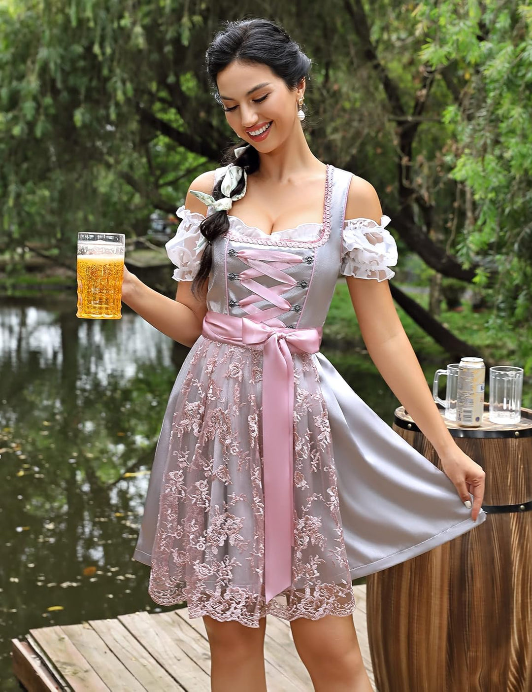 KOJOOIN Damen Dirndl Trachtenkleid Kurz Set 3tlg. für Oktoberfest inkl. Dirndl Kleid,Dirndlschürze,D