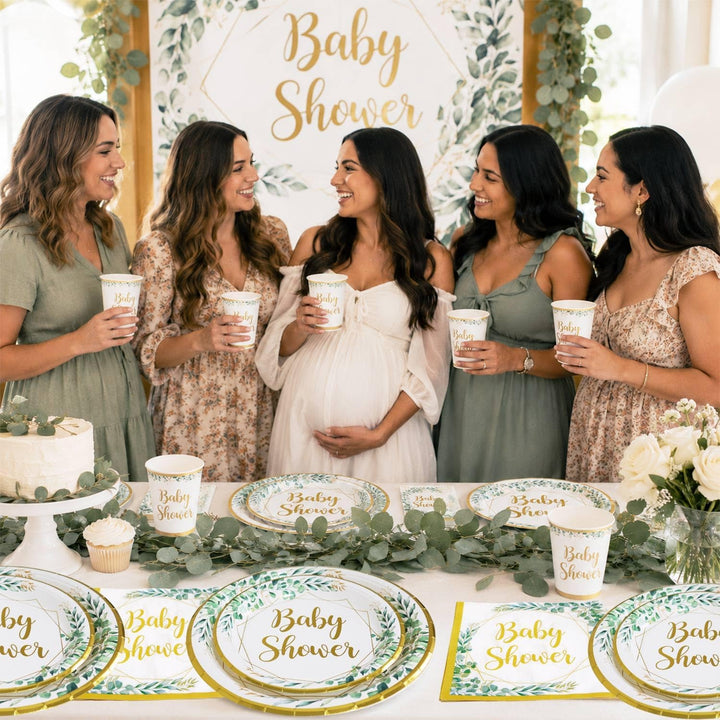 Babyparty Deko Neutral Partygeschirr Set für 25 Personen, 100 Stück Grün Gold wiederverwendbare Kart