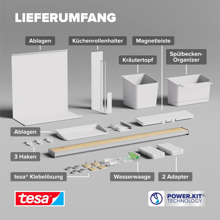 tesa Küchen-Organizer Kombi-Set XL - selbstklebende Küchenleiste, Kräutertopf, 2 Ablagen, Spül-Organ