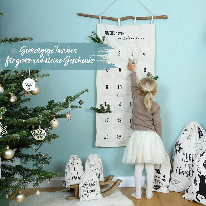 Papierdrachen 24 Adventskalender aus Stoff zum Befüllen - ein Lichtlein brennt - hochwertig bestickt