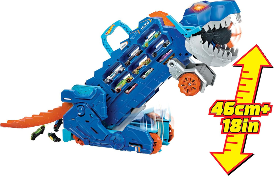 Hot Wheels 2:1 Transporter zu T-Rex mit inkl. Autorennbahn, mit Beleuchtung und Geräuschen, inkl. 2