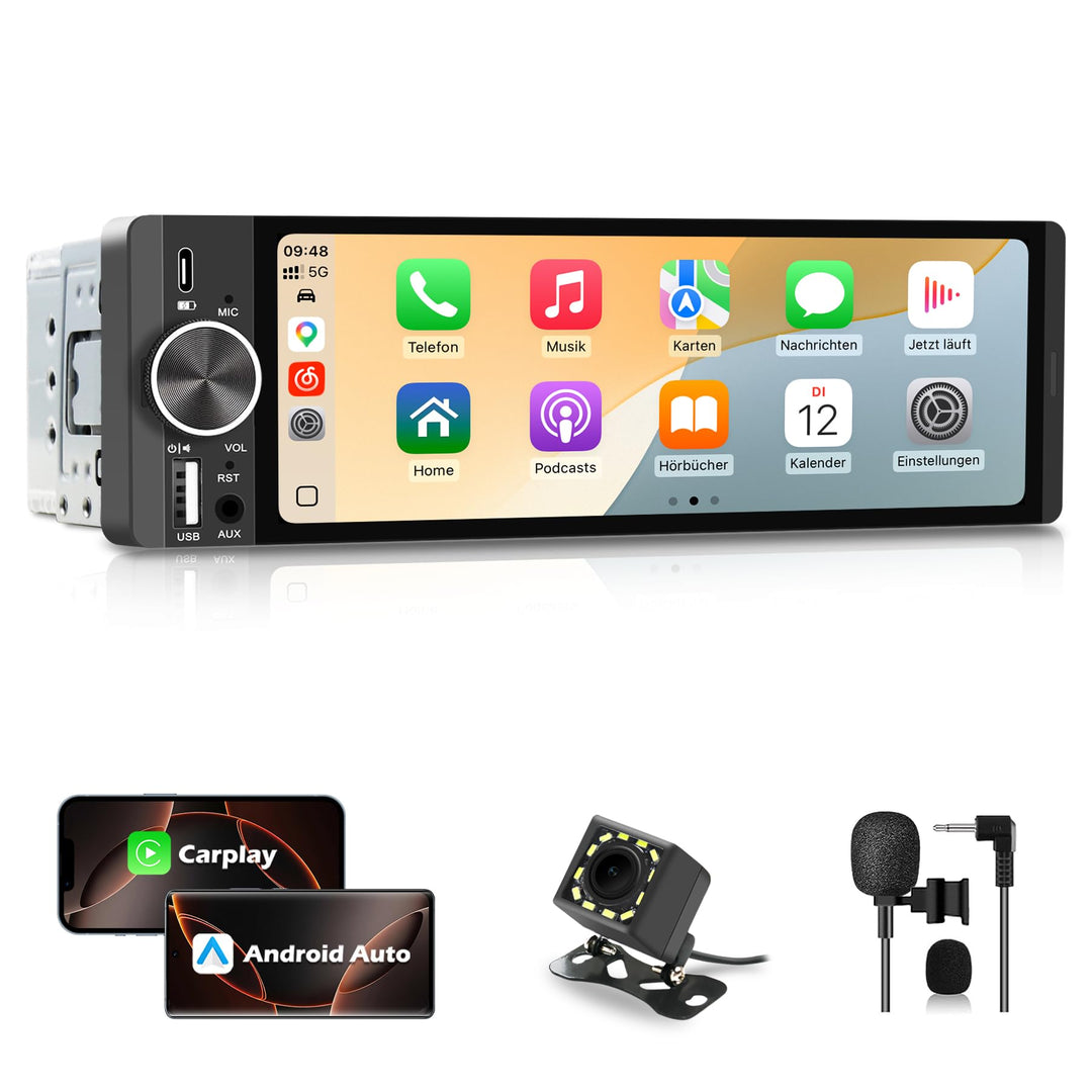 1DIN Bluetooth Autoradio mit Bildschirm, CarPlay &amp; Android Auto, Rückfahrkamera, Navi, FM, 6,28 Zoll