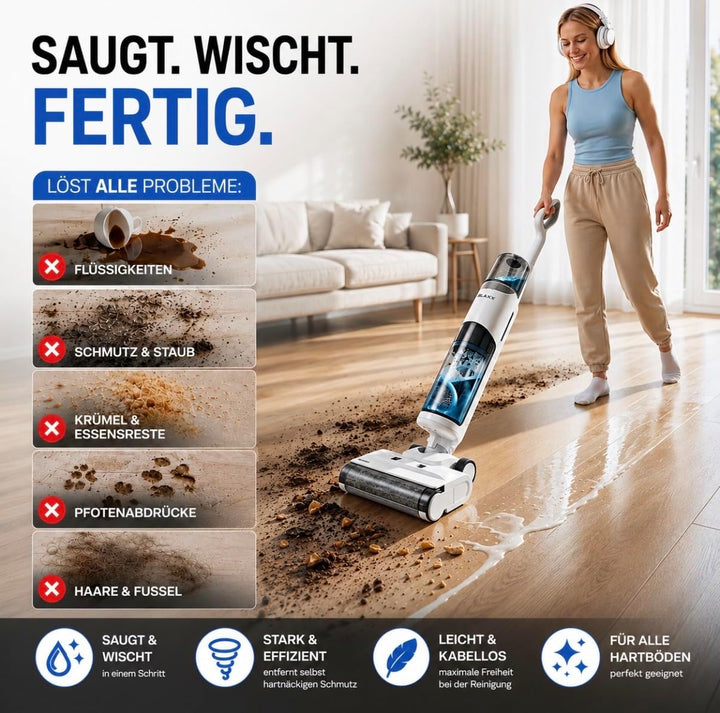 BLAXX Nass Trockensauger FloorVaX | Kabelloser Staubsauger mit Wischfunktion | 180° Lay-Flat | Selbs