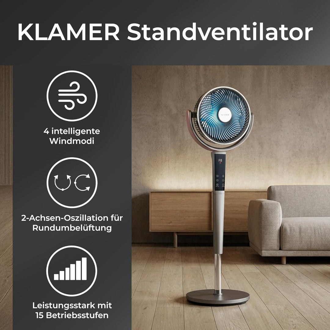KLAMER 3D Standventilator leise mit Fernbedienung, Ventilator mit 15 Geschwindigkeitsstufen, 4 Windm