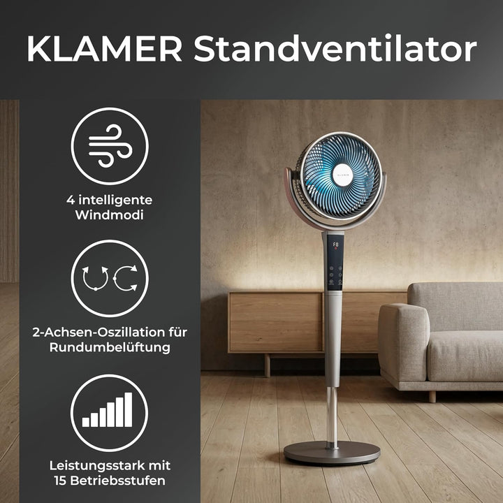 KLAMER 3D Standventilator leise mit Fernbedienung, Ventilator mit 15 Geschwindigkeitsstufen, 4 Windm