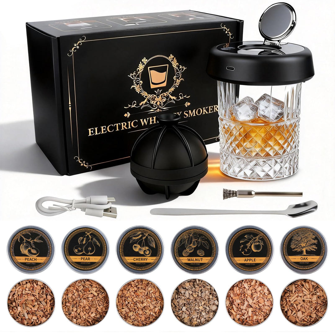 Whisky Smoker Set,Wiederaufladbarer Cocktail Smoker Kit mit 6 Flavors Holzspänen,RGB Licht,für Whisk