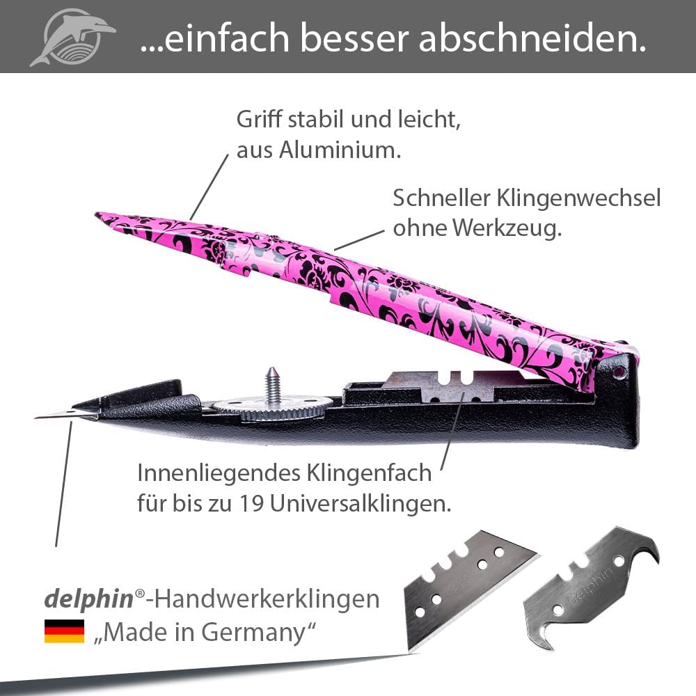 Delphin®-03 Teppichmesser, Design Edition, Feststehende Klinge, Profi Cuttermesser, Alu, Klingen und