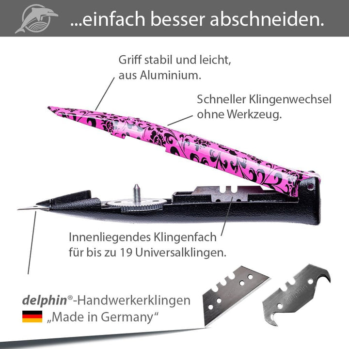 Delphin®-03 Teppichmesser, Design Edition, Feststehende Klinge, Profi Cuttermesser, Alu, Klingen und