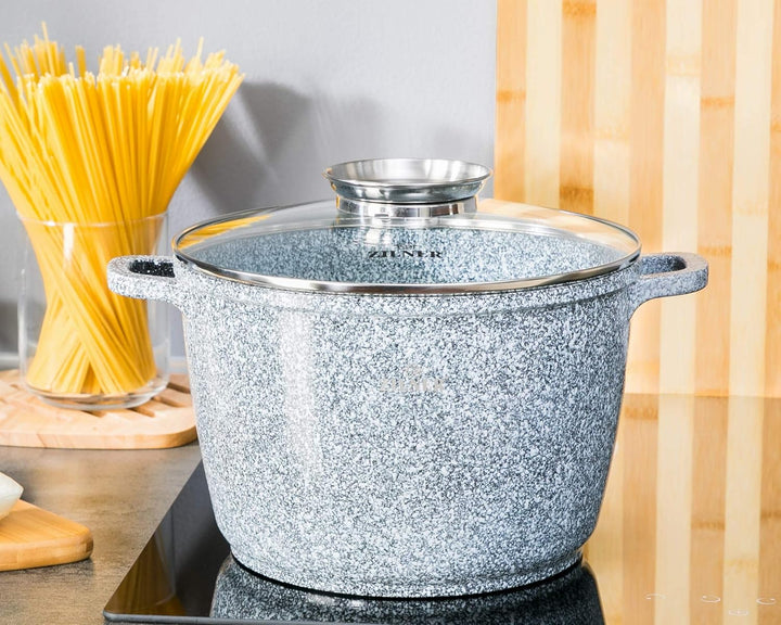 Topf 6,2 L - Robuster Kochtopf mit Deckel mit Aroma-Knopf - Marmorbeschichtung und Keramikbeschichtu