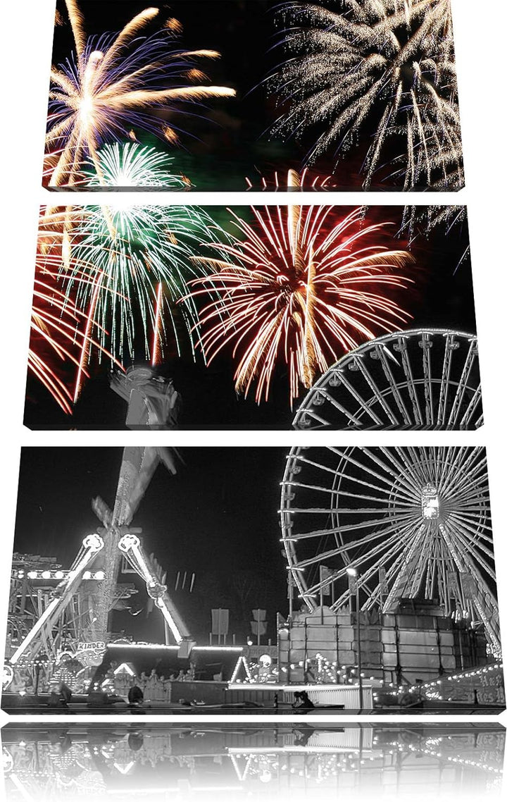 Pixxprint Silvester Feuerwerk schwarz/weiss als Leinwandbild/Grösse: 3 Teilig (120x80) cm/Wandbild/K