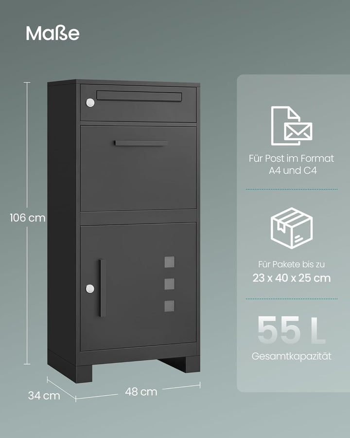 SONGMICS Paketbox, Paketbriefkasten, Briefkasten mit Paketfach, Paketkasten XXL, für Briefe, Pakete,