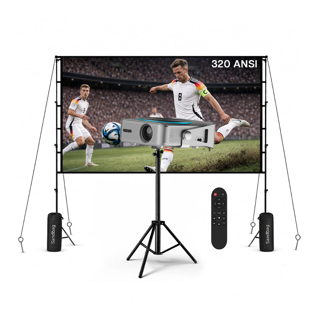 Beamer mit WiFi & Bluetooth, 100 Zoll Projektionsleinwand & Stativ von MMOBIEL – Native 1080P, 320 A