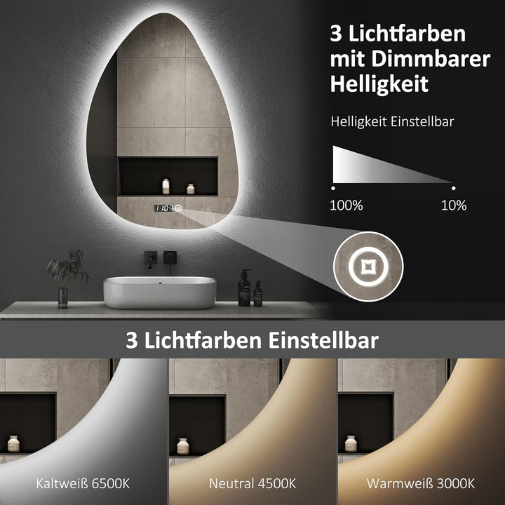 Boromal Asymmetrischer Spiegel mit Beleuchtung und Uhr Badspiegel mit Beleuchtung 55x80cm Spiegel mi