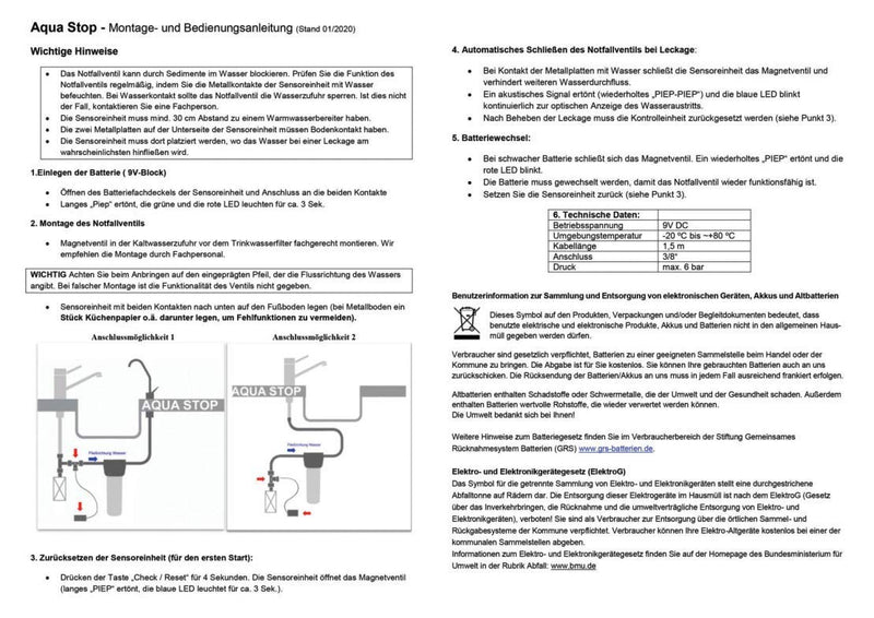 Wassermelder mit Abschaltung, automatisches Magnet-Absperrventil 3/8 Zoll, schliesst sofort bei Wass