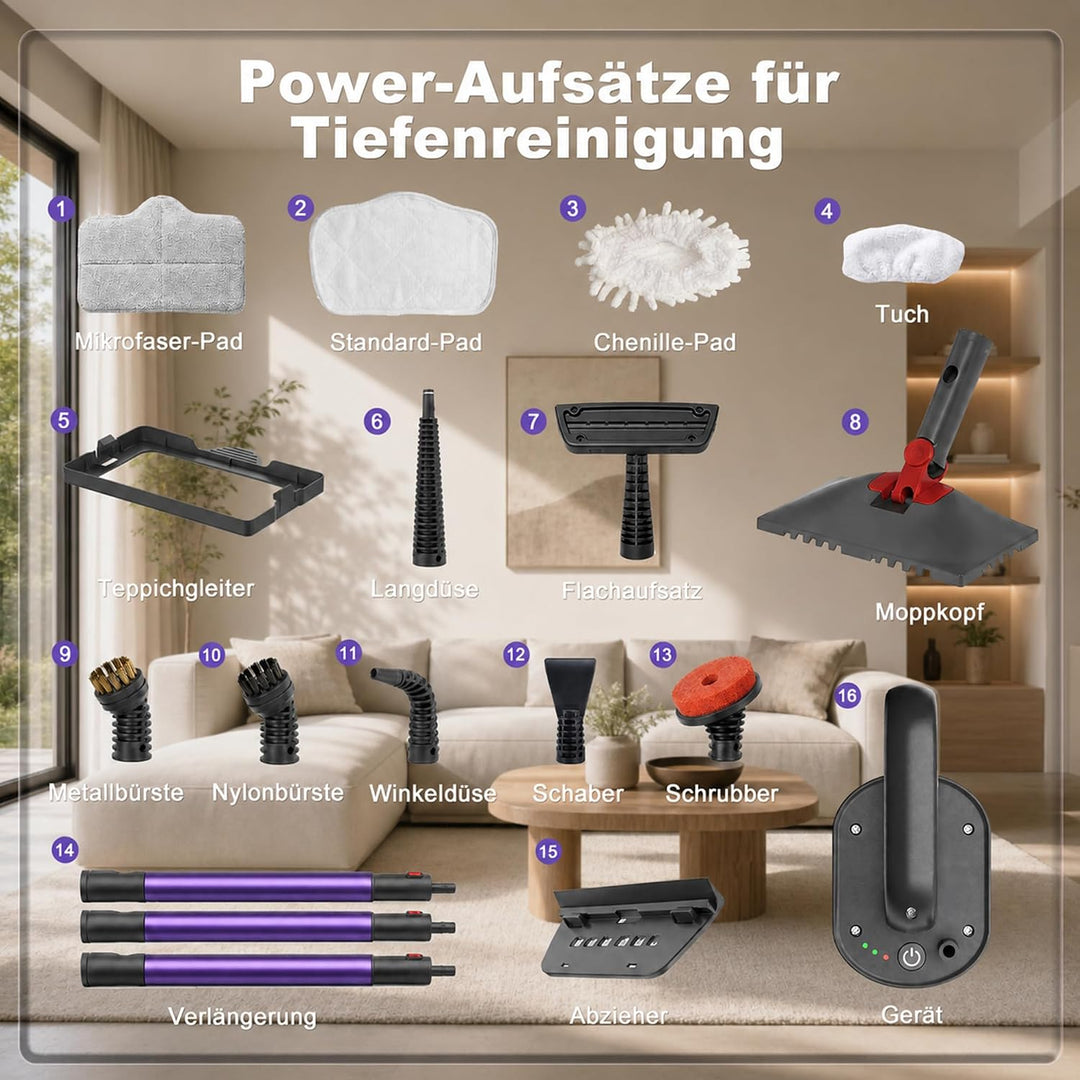 2-in-1 Dampfreiniger,1500W Handgerät,15s Aufheizung | 15s Aufheizung, 8+4 Zubehörteile,5m Kabel &amp; Dr