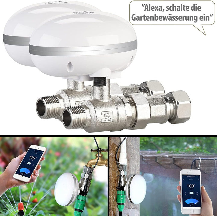 Royal Gardineer Absperrhähne: 2er Pack WLAN-Bewässerungscomputer mit App-Steuerung (Drosselventil, D