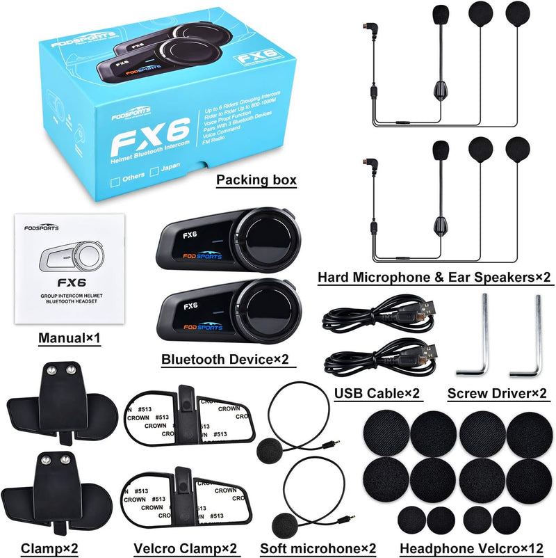 Fodsports FX6 Motorrad Bluetooth Headset, Intercom Motorrad Kommunikationssystem für 6 Motorräder mi